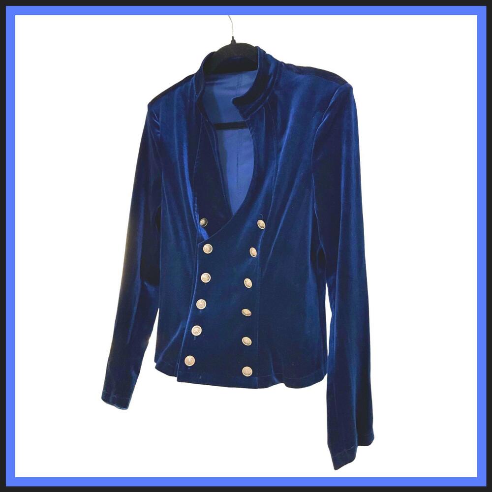 NEW Y2K Retro SZ S Velvet Blue Boho Double-Breast Button-Up Vintage Blazer Top - Picture 8 of 10